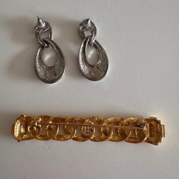 Vintage Givenchy Costume Jewelry GoldTone Braided Bar Brooch and Silver Earrings - Picture 2 of 11